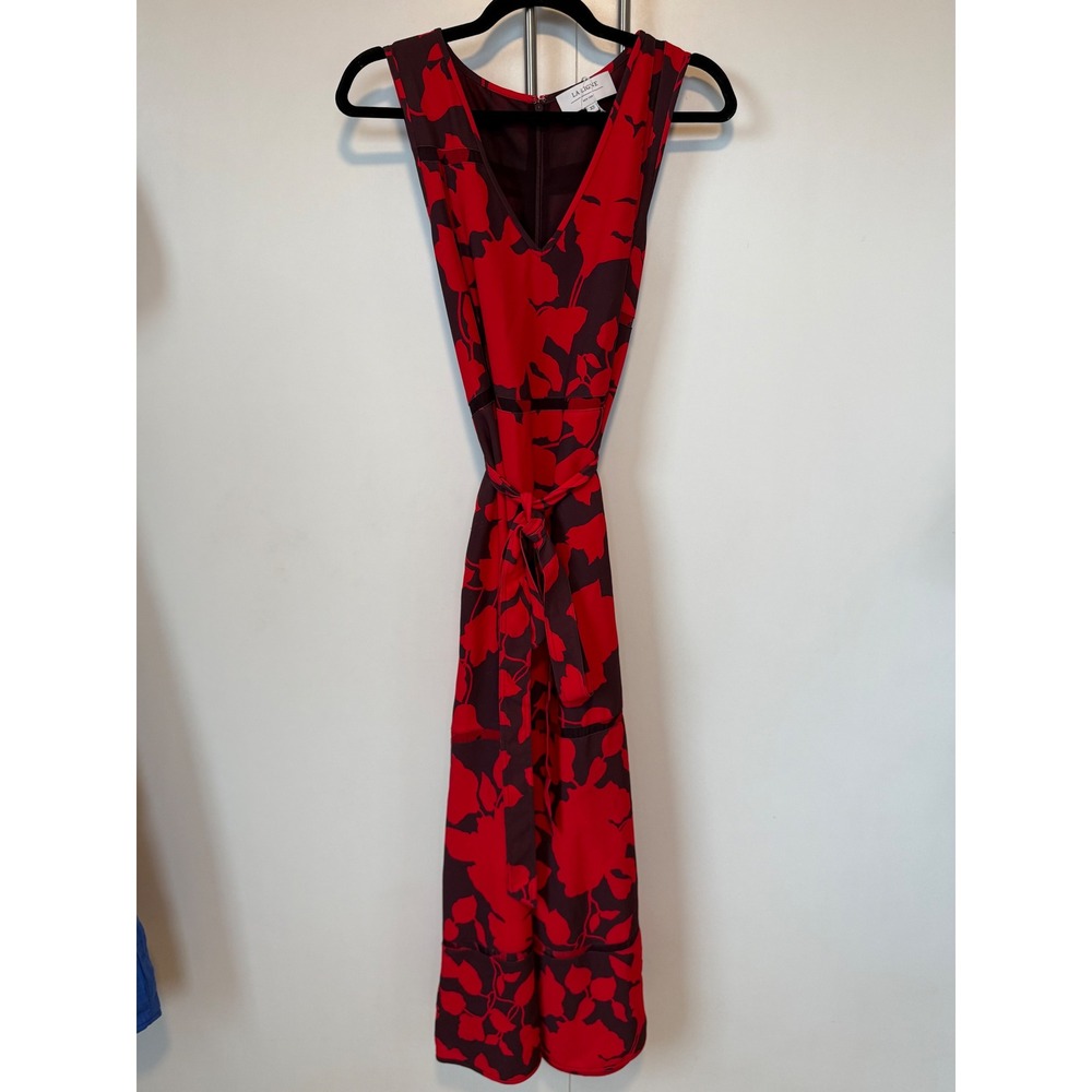 La Ligne New York Floral Sleeveless Midi Dress Red Burgundy Silk Trim XS